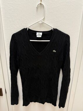 Lacoste Women's Black Cable V-Neck Sweater with Croc Logo